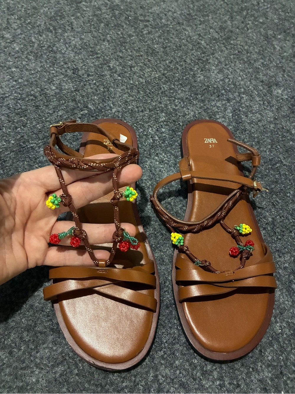 ⭐️ ZARA New No Tags Brown Leather Beaded Flower T-Strap Sandals
